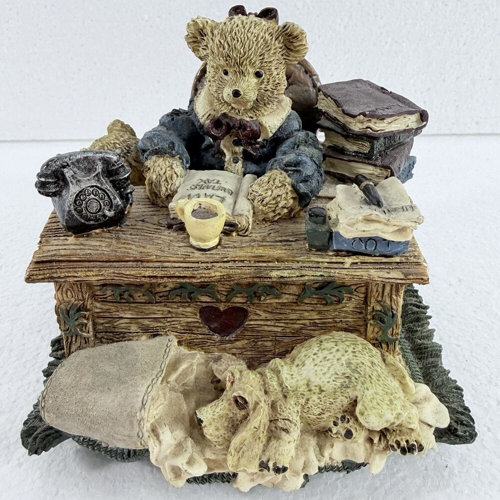 Boyds Bears Bearstone Desk Bear With Dog Telephone Books Resin Music Box